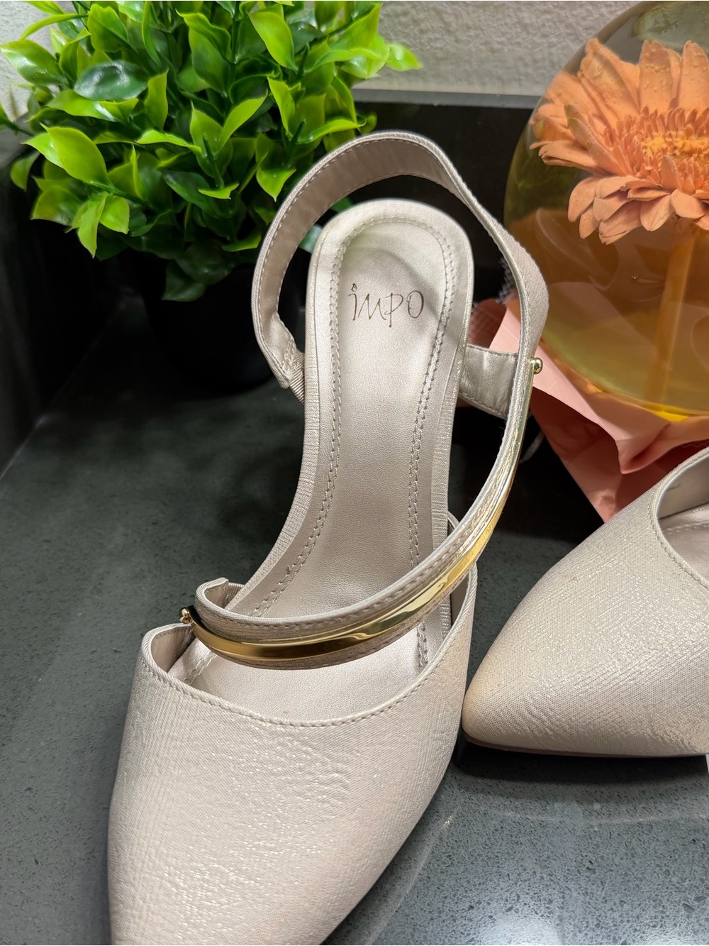 IMPO Cream Pointed Slingback Pumps with Gold Accent Strap